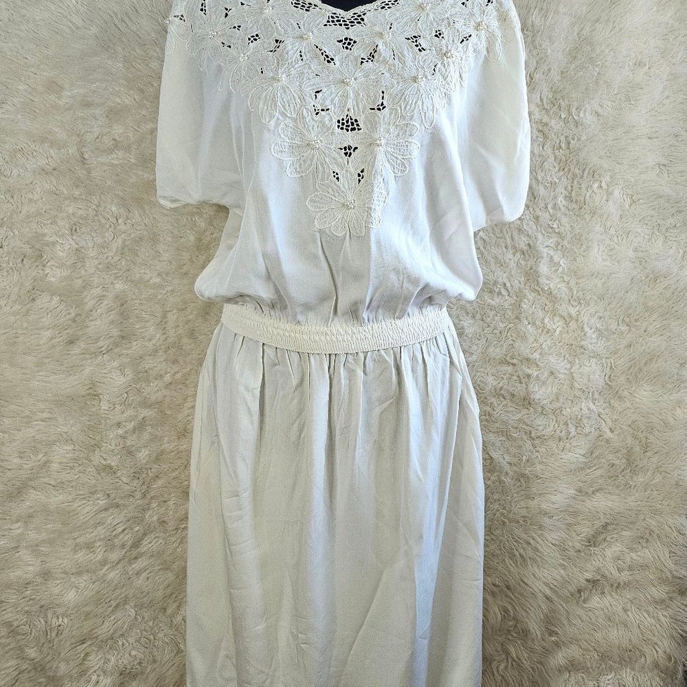 Vintage HiBis Women's Cream White Embroidery Collar Blouse Top with Dress Set M